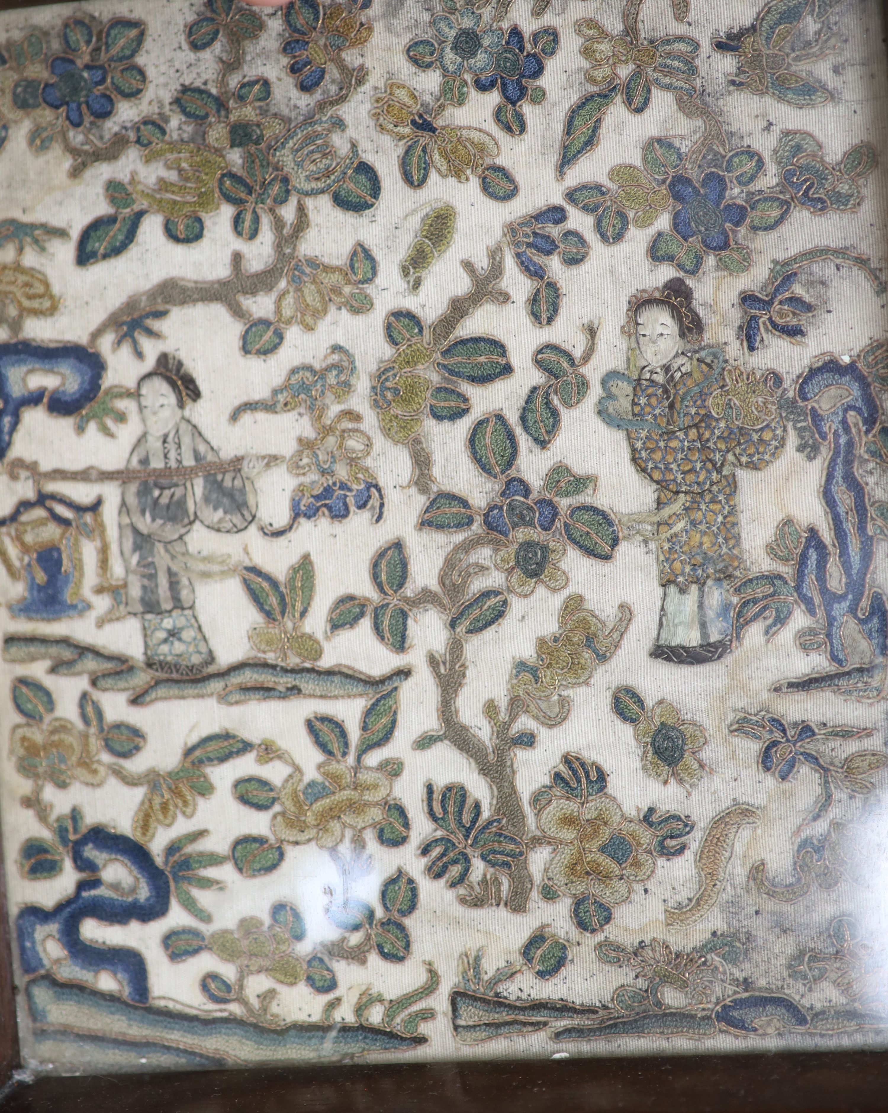 A quantity of mixed collectables including a tortoiseshell tray, a Chinese needlework, a silver paperknife, fans, jewellery boxes, etc.